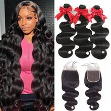 BingShang Body Wave 3 Bundles With Closure Brazilian 12A Unprocessed Virgin Human Hair 4x4 Free Part Closure Body Wavy Human Hair Bundles With Closure Natural Color Free Part HD Lace Transparent - 1B - View 4