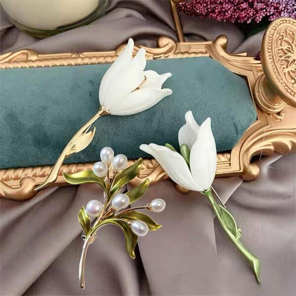 Fashionable Natural Freshwater Pearl Brooch Set, Women's Brooch, Plant & Floral Clothing Decoration Accessory, Versatile Brooch