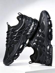 2026 Latest Plus Size Men's Sneakers, Thick Sole Elevated Chunky Sneakers, Solid Black Color, Shock Absorbing Lightweight Outdoor Running Shoes, Lace-Up Classic Marathon Running Shoes, Youth Street Fashion Basketball Shoes - Black - View 3