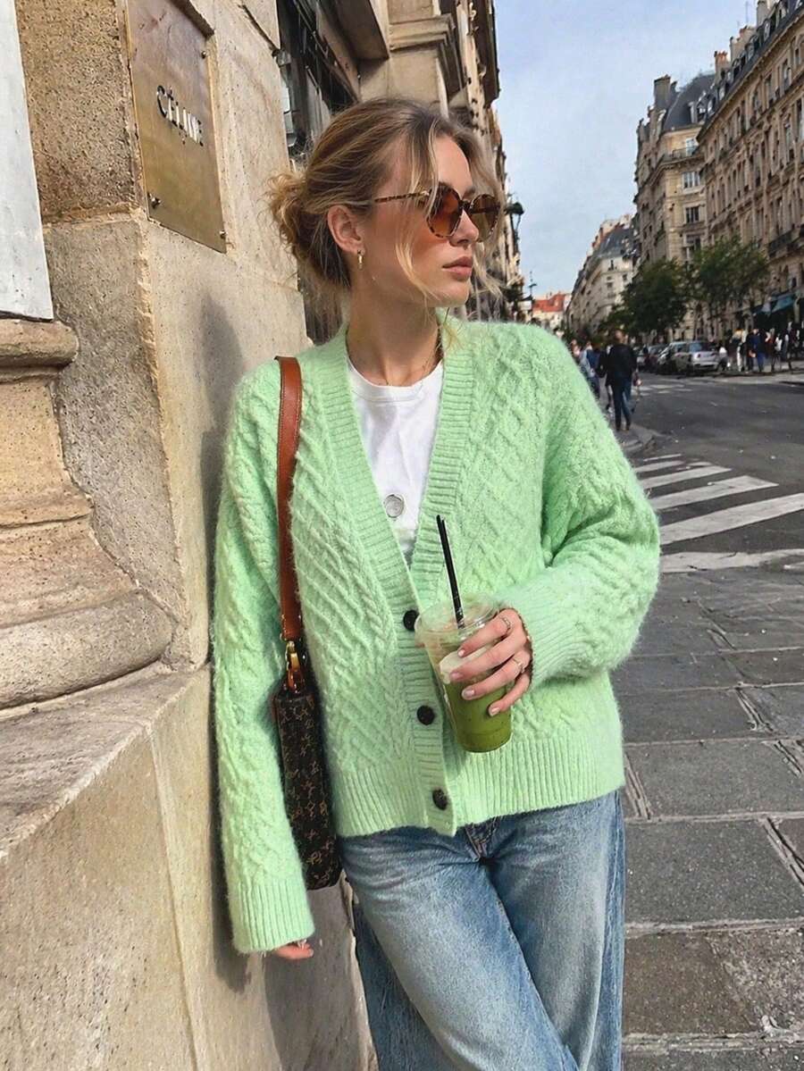 2026 Autumn/Winter Women's Chunky Knit Sweater, Cable Knit Pattern, V-Neck, Long Sleeve, Loose Fit, Button-Down Cardigan Top - Green - View 1