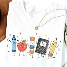 ComfortColorsFunnyTeacher Life T-Shirt-Back-To-School Gift, Preschool Teacher Supplies Tee(Crayons, Apples, Notebooks)-100% Cotton Apparel Casual - Black - View 3