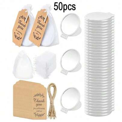 50 espejos redondos portátiles y 50 bolsas de regalo - Diseño minimalista en rosa, blanco y negro, compacto y ligero, ideal para viajes, decoración del hogar y como regalo para cumpleaños, bodas y fiestas de damas de honor.