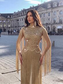Luxury Sparkling Heavy Crystal Rhinestone Patchwork Long Tassel Small Round Neck Long Dress, Wedding Bridesmaid Dress, Formal Evening Gown Party Fall - Gold - View 2