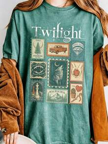 Vintage Twilight Movie Women T-Shirt, Retro Vampire And Wolves Graphic Tee, Y2K Oversized Classic 2000s Film Aesthetic Apparel, GothicHorror Romance - 湖綠色1 - 查看 1