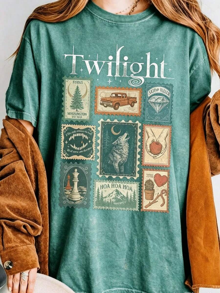 Vintage Twilight Movie Women T-Shirt, Retro Vampire And Wolves Graphic Tee, Y2K Oversized Classic 2000s Film Aesthetic Apparel, GothicHorror Romance - 湖綠色1 - 查看 1