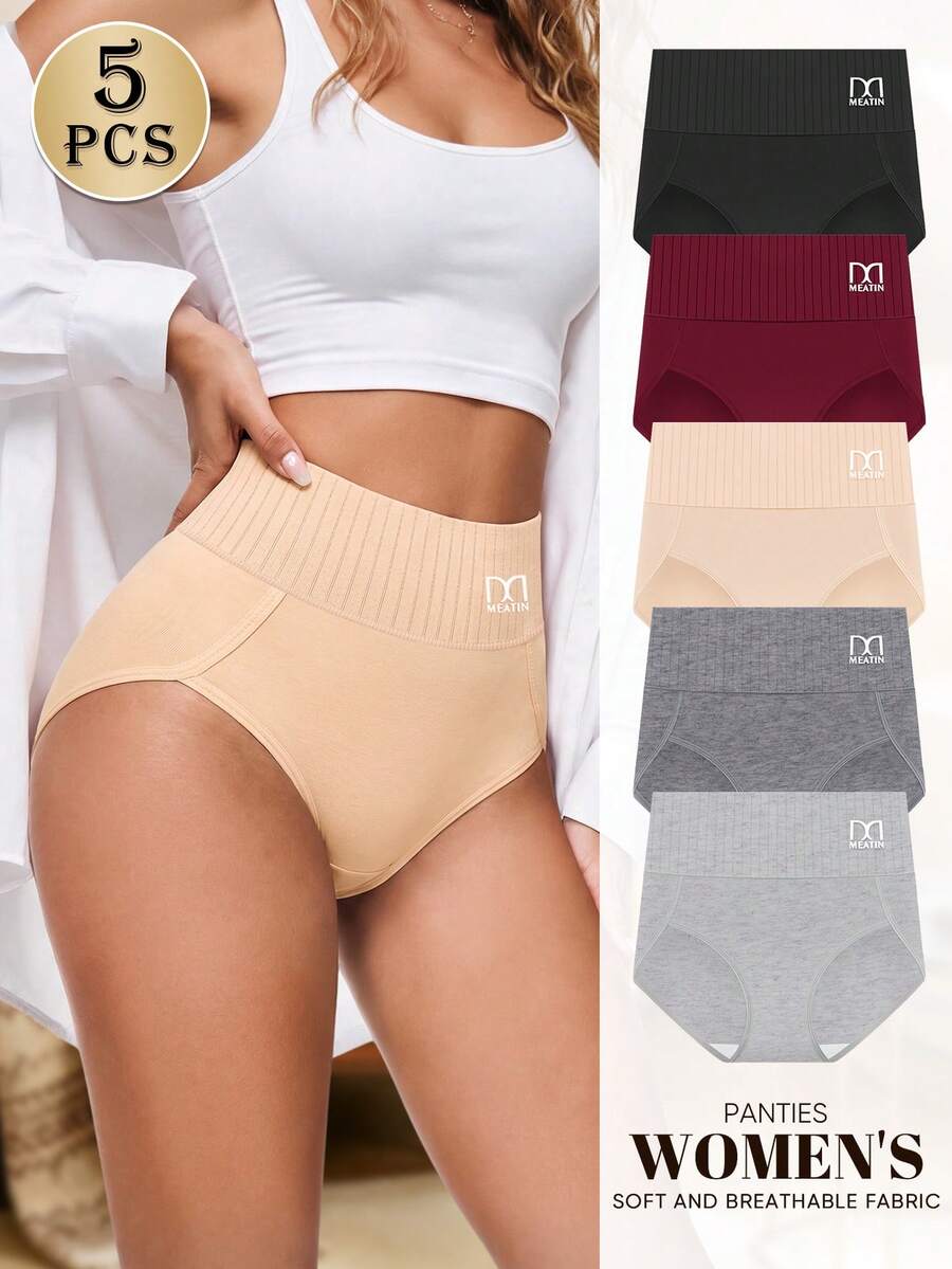 MIOTAN 5pcs/Pack Celana Dalam Wanita Pinggang Sedang-Tinggi, Nyaman, Lembut, Bergaris