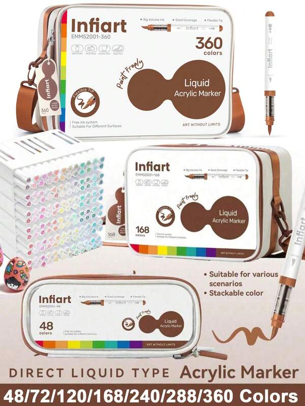 Infiart Liquid Soft Brush Acrylic Marker Set, 48/72/120/168/240/288/360 Vibrant Layerable Colors, Large Ink Capacity, Color-Coded Caps, Portable Crossbody Storage Bag, Multi-Surface Paint Pens For Stone, Wood, Glass, Anime DIY Art