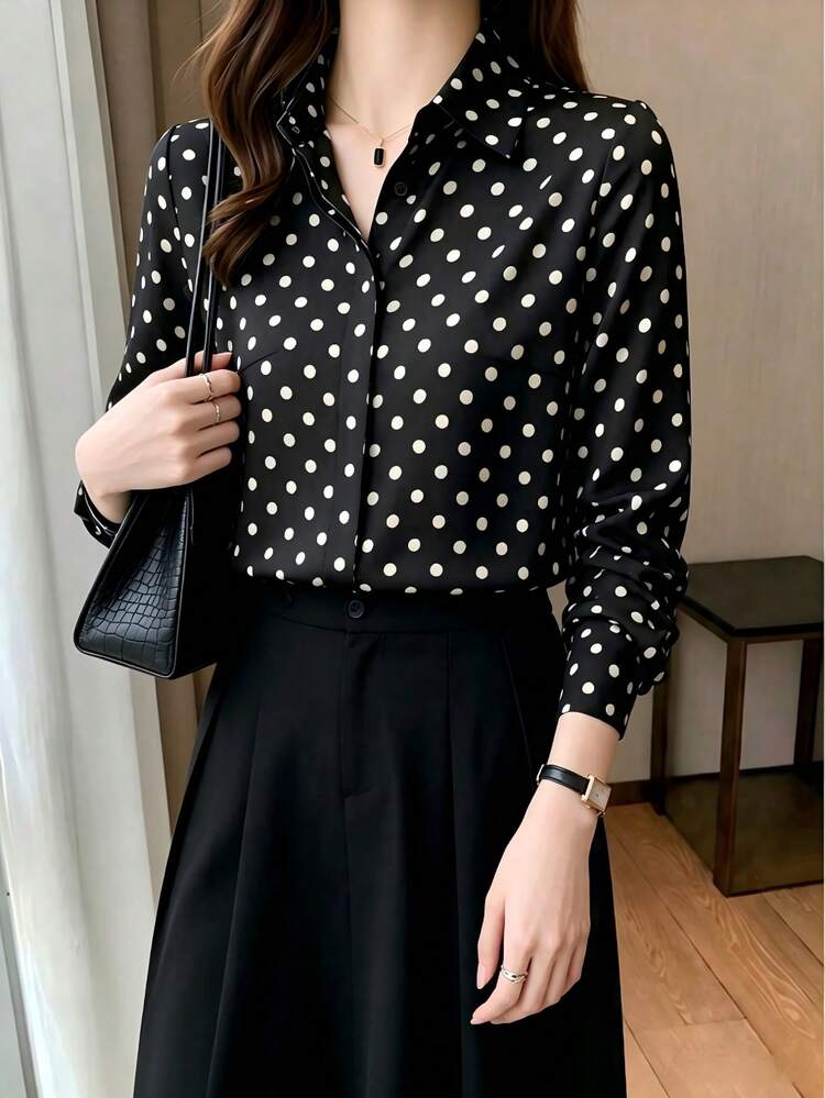 Elegant Design Polka Dot Pattern Blouse For Mature Women, Hong Kong Style - Black - View 6