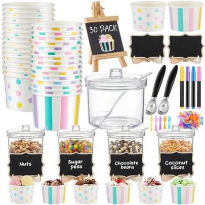 77 Pcs Ice Cream Party Supplies Kit, Ice Cream Bar Decorations Set With Cups, Scoops, Sugar Bowls With Lid And Spoon, Tasting Spoons, Chalkboard And Markers, Ideal For Summer Party Stripes