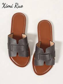 Ximi Ruo Korean Style Casual Flat Slide Sandals For Women, Summer Open Toe Woven Roman Sandals, Spring/Summer New Fashion French Style Brown Flat Slippers For Outings, Beach, Apartment, Matching With Skirts - Grey - View 7