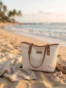 European & American Cross-Border Personalized College Style Large Capacity Commuter Straw Bag, Women Summer New Fashion Contrast Color Underarm Bag, - Brown - View 4