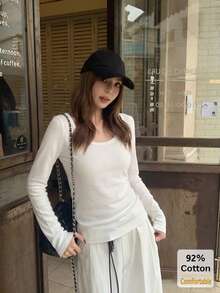 Women's Long Sleeve T-Shirt, White Large U-Neck Top, Versatile Autumn/Winter Slimming Solid Color Inner Layer Base Shirt Casual - White - View 4