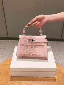 Sweet Cool Y2K High-End Lock Design Crocodile Embossed Small Square Bag Versatile Shoulder Crossbody Handbag - Pink - View 3