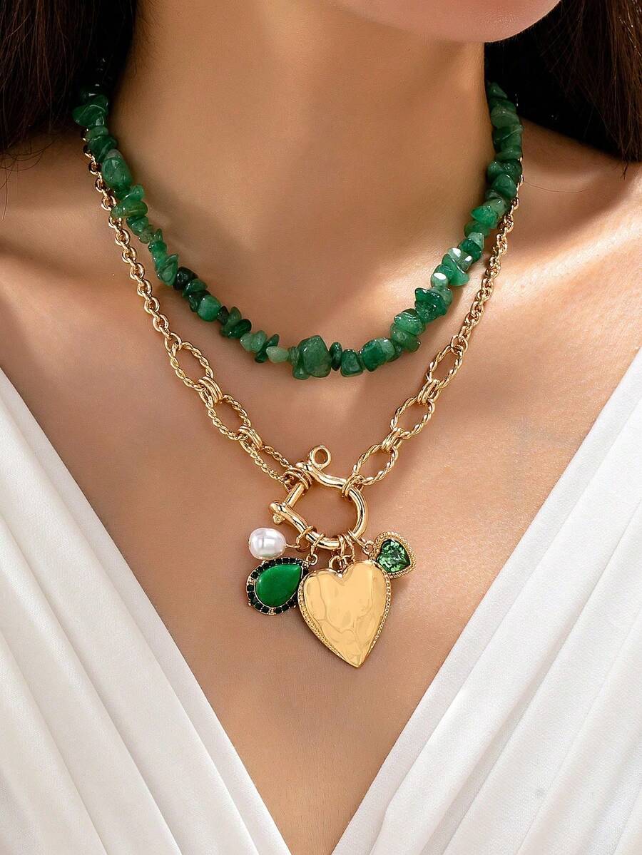 2 piezas/Set Collar de Estilo Bohemio con Colgante de Guijarro/Corazón/Gota de Agua, Adecuado para Vacaciones/Fiestas/Uso Diario de Mujeres - Multicolor - Ver 1