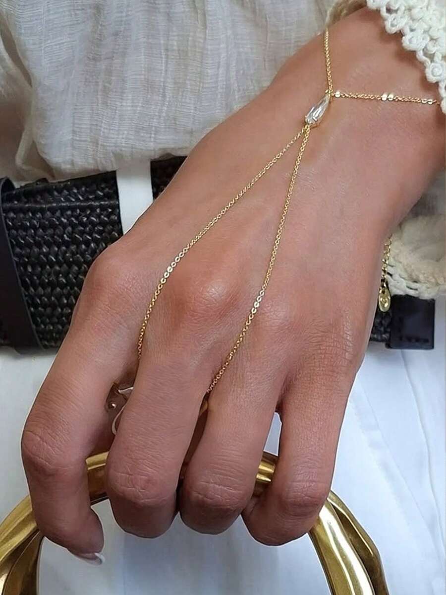outingfit 1pc Water Drop Linked Finger Bracelet, Minimalist Luxury Rhinestone Hand Chain, High-End Niche Design Versatile Hand Jewelry - Water Drop - View 1