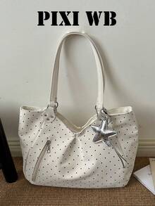 White Black Polka Dot Ruched Tote Bag, Adjustable Wide Straps Side Vertical Zipper Pocket Silver Plush Star Pendant Campus Daily Shopping - White - View 6