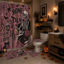 1pc/4pcs Halloween Telephone Skeleton Multi-Function Bathroom Decor Shower Curtain Set, Free 12 Hooks, Premium Holiday Atmosphere, Bathroom Mat, U-Shaped Rug And Round Toilet Lid Cover, Suitable For All Halloween Scenes - Phone Skull - View 6