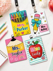 1pc Custom Personalized Teacher Badge Holder, Leather ID Card Holder With Custom Name, School Staff Badge Holder, Teacher Gift - Multicolor - View 6