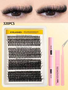 320pcs D-Curl DIY Cluster Eyelash Extension Kit, 30D-60D Soft Fluffy Single Fake Lashes, Includes Eyelash Glue, Remover And Tweezers - Black - View 1