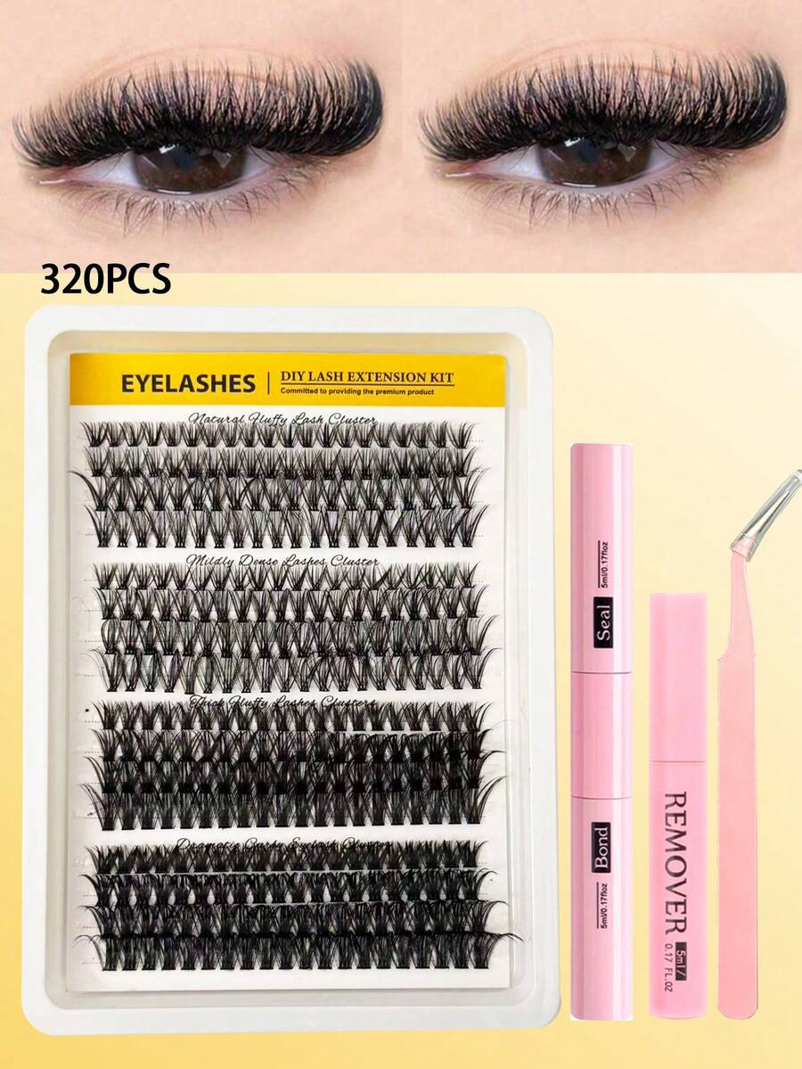 320pcs D-Curl DIY Cluster Eyelash Extension Kit, 30D-60D Soft Fluffy Single Fake Lashes, Includes Eyelash Glue, Remover And Tweezers - Black - View 1