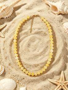 1pc European & American Bohemian Round Geometric Natural Stone Cracked Effect Beaded Short Necklace With Stainless Steel Accessories For Women, Summer Beach Vacation - Handmade Stone Beaded Necklace With Stainless Steel Accents - View 18