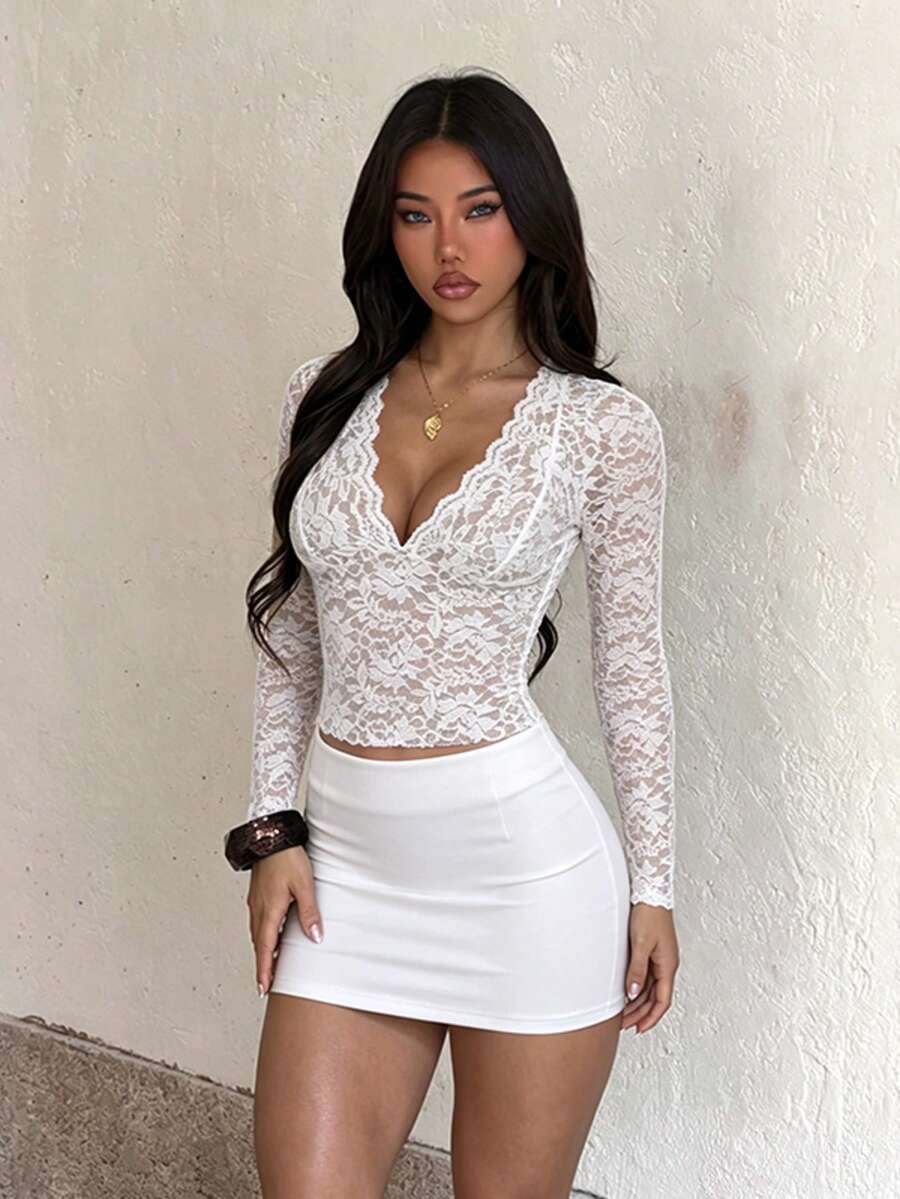 1pc Solid Color Knit Fabric Lace Top Beach Autumn - White - View 1