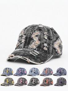 1pc Distressed Washed Denim Baseball Cap, Unisex Couple Style, Outdoor Versatile All Season Soft Crown Curved Brim Hat - Multicolor - View 7