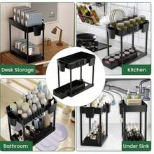 1 Piece Under Sink Organizer & Storage, 2-Tier Sliding Basket Organizer With Hooks, Multi-Purpose Under Sink Organizer & Storage For Bathroom And Kitchen, Made Of Metal And Plastic - View 7