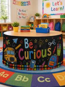 1pc Blackboard Back To School Polyester Table Skirt, Fun Educational Rectangular Table Decor With Letter Title, Yellow School Bus, Backpack And Ruler Print, Suitable For Classroom Decor, Room Decor, Home Decor, Bedroom Decor And Party Supplies - Multicolor - View 9