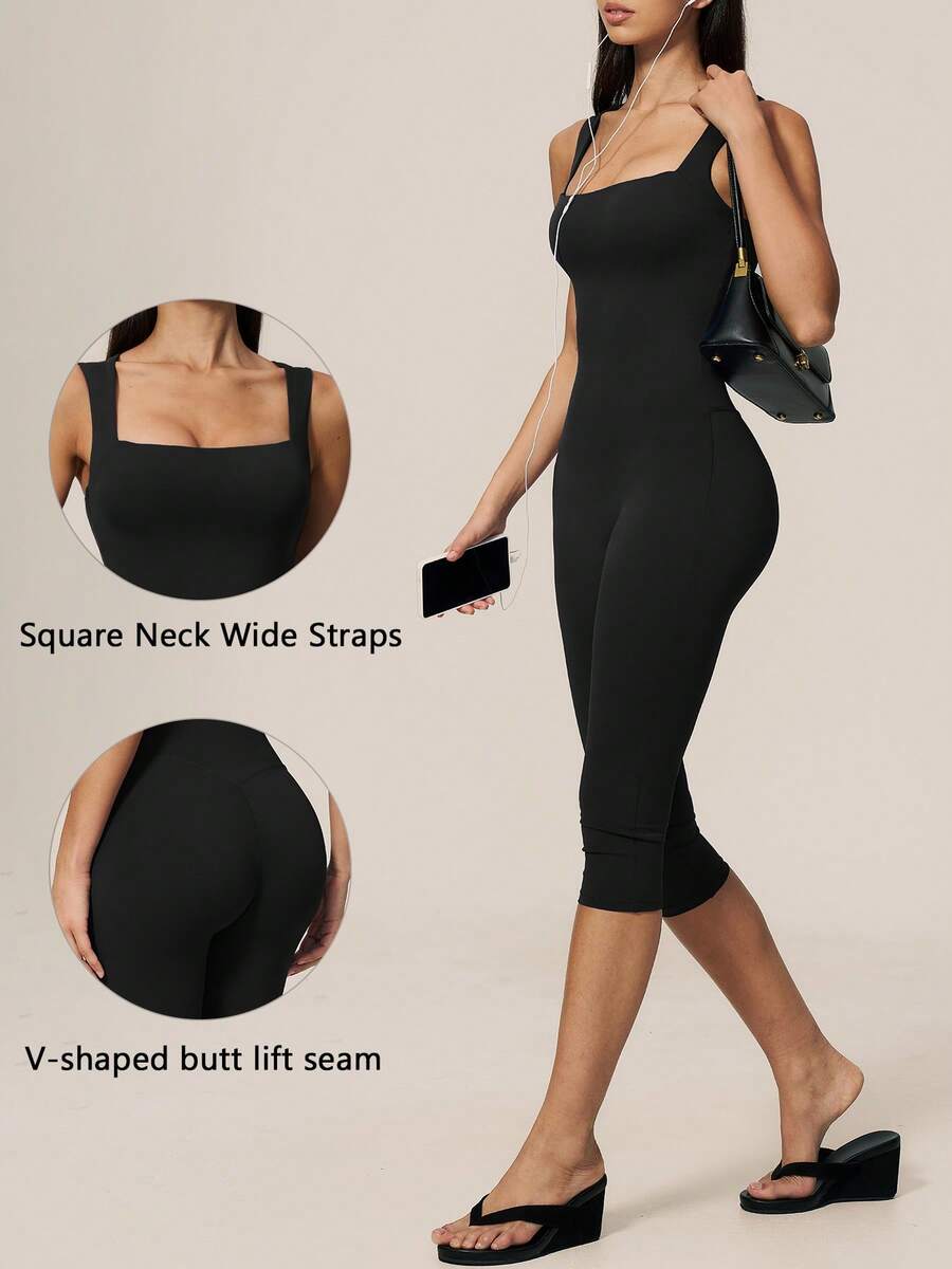 TimeOff Jumpsuit Wanita 1 Potong Warna Polos Leher Persegi Tali Tebal Pengencang Pinggang untuk Yoga, Lari, Gym, dan Olahraga - Hitam - View 1