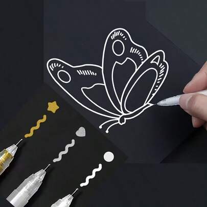 3pcs Fine Tip Drawing Pens, White, Silver And Gold, Disposable Artist Tools For Black Paper Sketching And Illustration, Painting Design Illustration Art Supplies, Suitable For Painting, Sketching, Writing