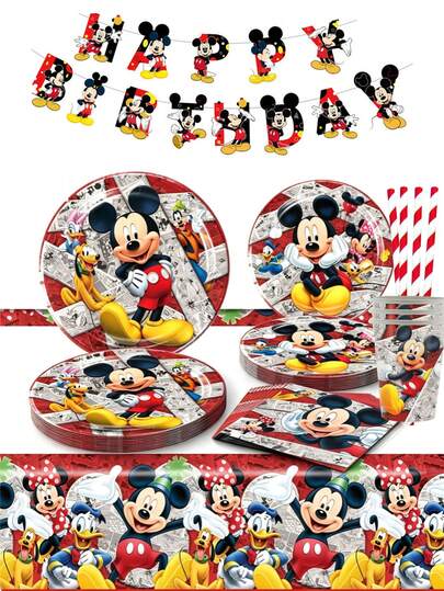 60pcs Red & Black Vintage Cartoon Mouse Family Party Supplies Set, Dual Size Thickened Oil-Proof Disposable Paper Plates, Cups, Straws, Napkins, Suitable For Back To School, Halloween, Kids Birthday, Holiday Party, Kitchen Baking, Picnic, BBQ Party, Outdoor Camping, Dessert Table Scene Decoration, No-Wash Cartoon Print Fun Tableware Set