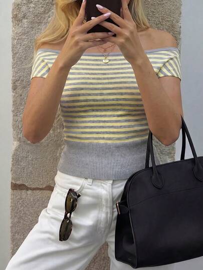 Live To Mo Y2K Off-Shoulder Yellow Striped Fitted Casual Knit Top, Suitable For Summer Vacation And Daily Wear
