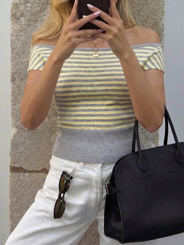 Live To Mo Y2K Off-Shoulder Yellow Striped Fitted Casual Knit Top, Suitable For Summer Vacation And Daily Wear