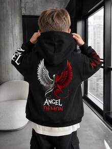 1pc Tween Boy Dark Style Angel & Demon Double Wing Print Hooded Sweatshirt, Black Loose Fit Pullover Top For Kids, Spring/Autumn - Black - View 1