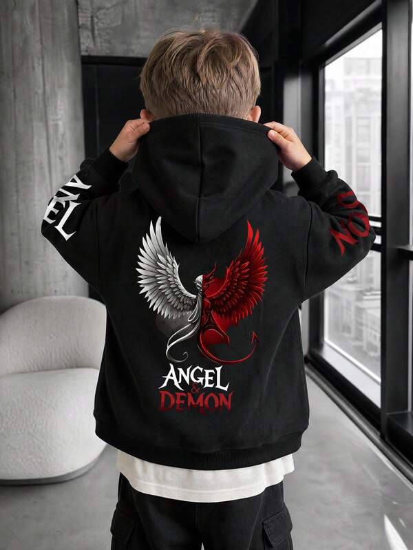 1pc Tween Boy Dark Style Angel & Demon Double Wing Print Sweatshirt Sweatshirt, Black Loose Fit Pullover Top For Kids And Big Kids, Spring/Autumn