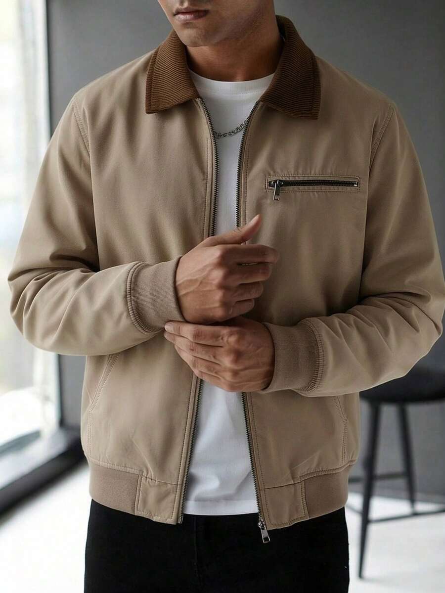 Men's Autumn/Winter Corduroy Patchwork Contrast Color Zipper Placket Casual Versatile Workwear Jacket, Suitable For Daily Outings And Commuting - Khaki - View 1