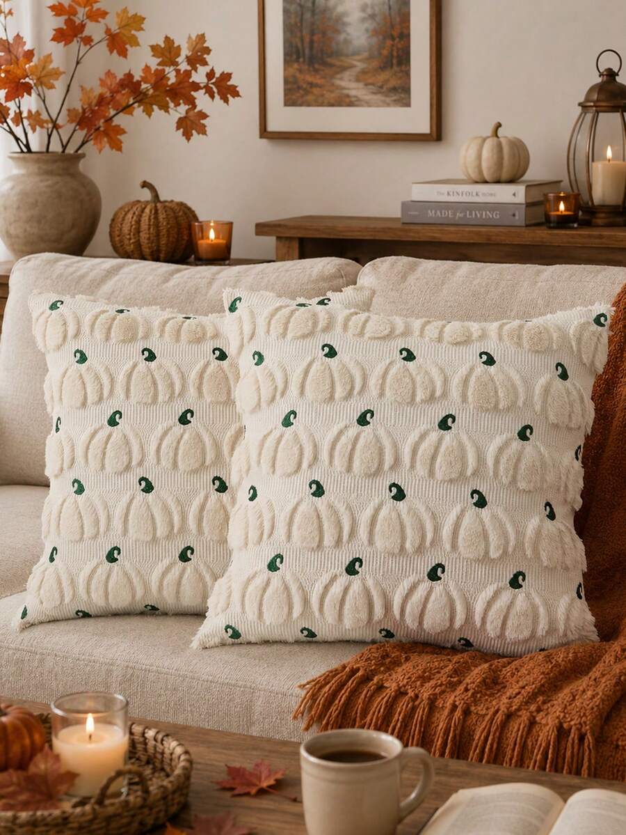 1 pezzo Federa decorativa ricamata con zucca autunnale, Federa in morbido peluche di lana sintetica per Ognissanti, Adatta per casa, divano, camera da letto, sedia - Zucca (riso) - Visualizzare 1