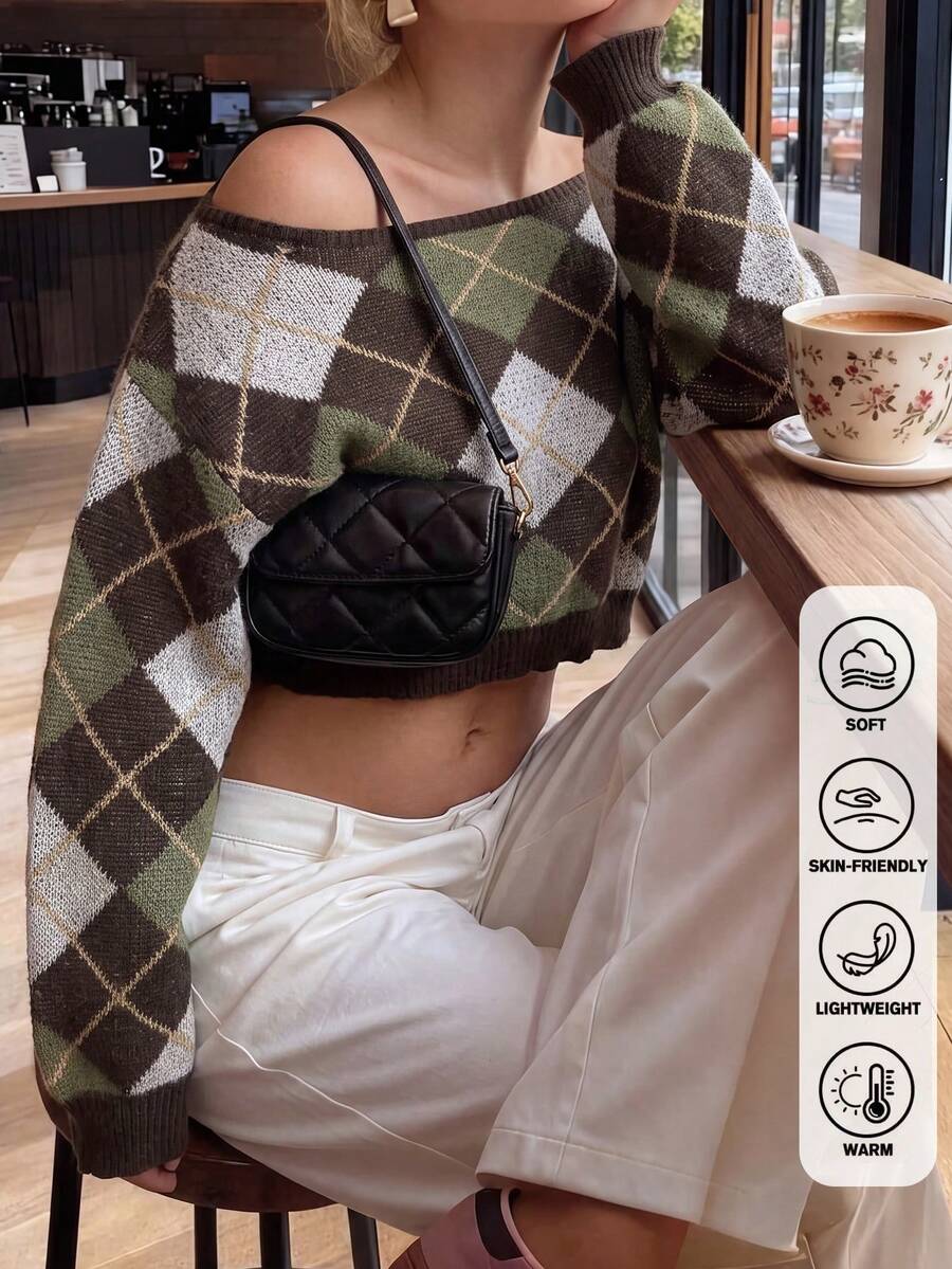 Autumn Off-Shoulder Argyle Knit Sweater, Brown Trim Long Sleeve Loose Pullover, Suitable For Halloween Street Date Outfit - Green - View 1