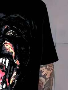 Men's Plus Size Casual T-Shirt, Vibrant 3D Dog Head Design And Geometric Patterns, Round Neck, Short Sleeve, Regular Fit - 黑色 - 查看 6