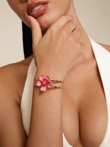 Altistry 1pc Handmade Gradient Tie Dye Pink Floral Bangle, Elegant & Romantic, Suitable For Daily Wear, Dates, Engagements - Pink - View 5