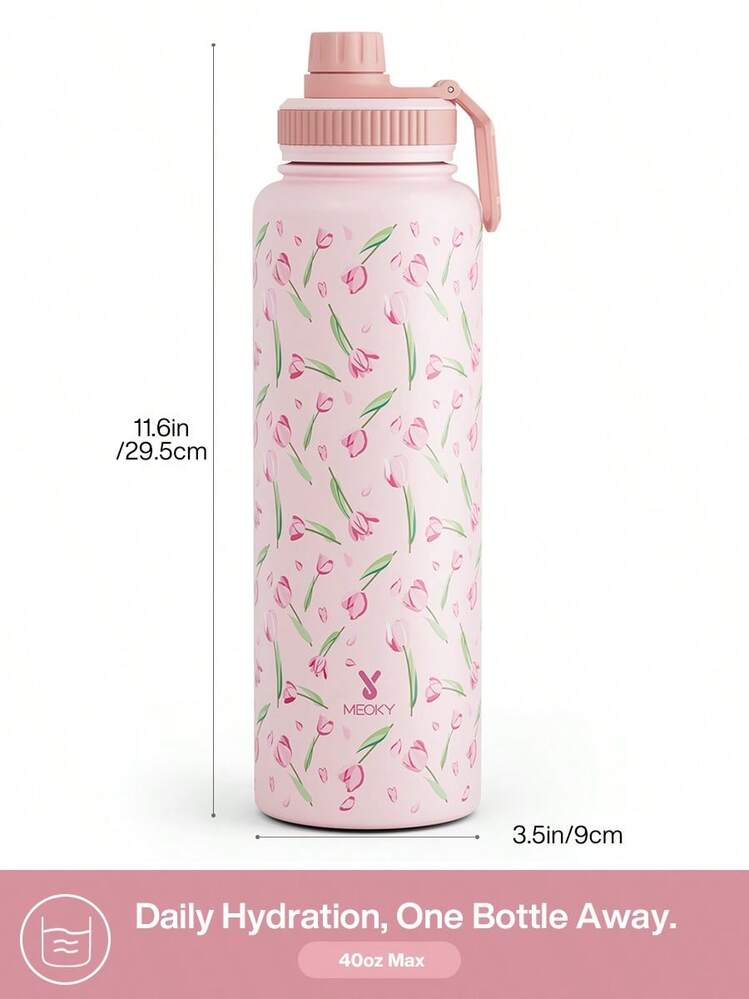 Meoky 40oz Stainless Steel Insulated Sports Water Bottle, Rotating Lid Direct Drinking Design, Patterned, Wide Mouth Double-Wall Leak-Proof, 12 Hours Hot/24 Hours Cold, Suitable For Sports, Outdoor Adventure Or Daily Use - Pink Tulips - View 4