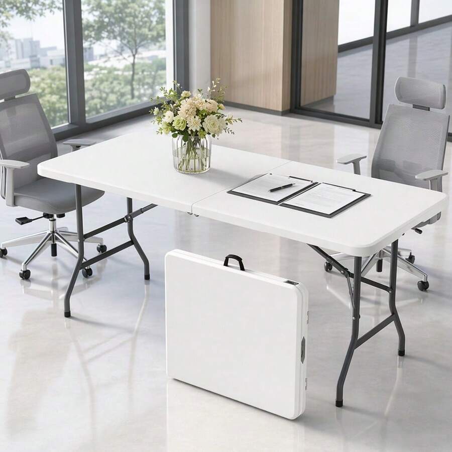 LEO IRIS 4FT/6FT Folding Table With Carrying Handle, Heavy Duty Rectangular Table For Kitchen, Dining Room, Party, Wedding, Indoor & Outdoor Meals, Christmas Gift- White - White - View 1