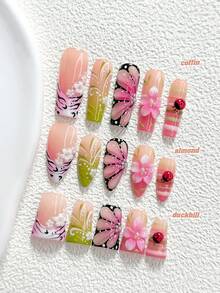 10Pcs Retro Handmade Press On Nail,Polygel Nail Set,Butterfly Flowers Pattern,Black And Pink Nail Polish,Springtime Countryside Style,Includes Nail Tools,3 Sizes Available,Almond Nails,Duck Nails,Coffin Nails For Party,Dance,Daily Wear. - 彩色 - 查看 1