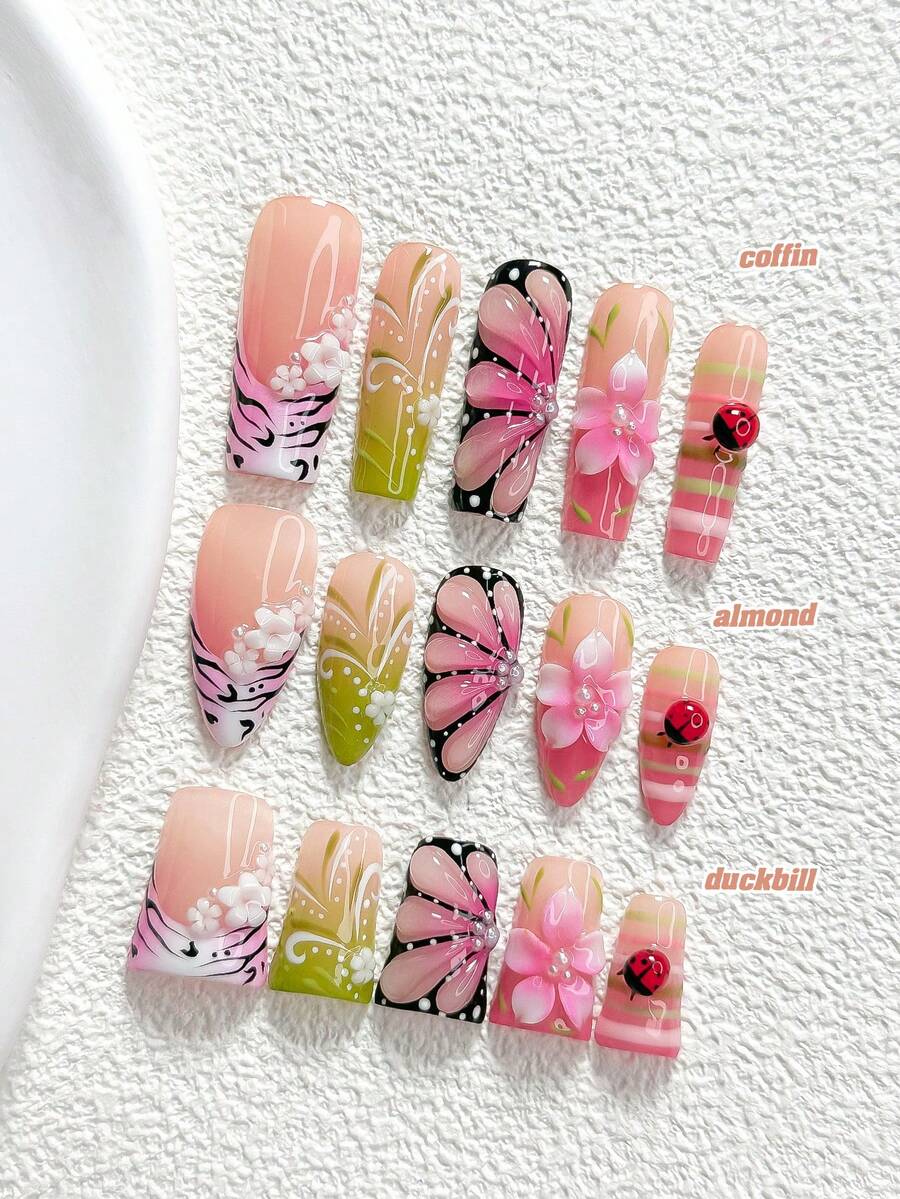 10Pcs Retro Handmade Press On Nail,Polygel Nail Set,Butterfly Flowers Pattern,Black And Pink Nail Polish,Springtime Countryside Style,Includes Nail Tools,3 Sizes Available,Almond Nails,Duck Nails,Coffin Nails For Party,Dance,Daily Wear. - 彩色 - 查看 1
