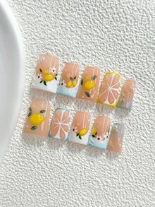 10Pcs Gentle Summer Style Handmade Press On Nail,Polygel Nail Set,Lemon Pearl Pattern,Yellow And Blue Nail Polish,Seaside Vacation Style,Includes Nail Tools,3 Sizes Available,Almond Nails,Duck Nails,Coffin Nails For Party,Dance,Daily Wear. - 彩色 - 查看 13