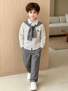 Boys' Spring/Autumn 2 Pieces Set, Pony Print Fine Striped Shawl Collar Long Sleeve Shirt With Matching Print Straight Leg Pants, Suitable For School, Party And Multiple Occasions - Grey - View 3