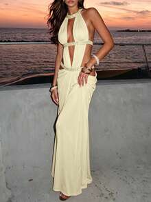 DOUCIU Beach Hollow Out Halter Neck Dress, Slim Fit Backless Design, Vacation Nightclub Style - Yellow - View 4