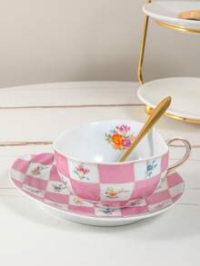 1pc Elegant Highly Attractive Ceramic Coffee Cup & Saucer Set, Plaid Pattern H-Cup & Saucer, Suitable For Club, Home, Cafe Use - WL-checkered Floral H Cup and Saucer - View 1