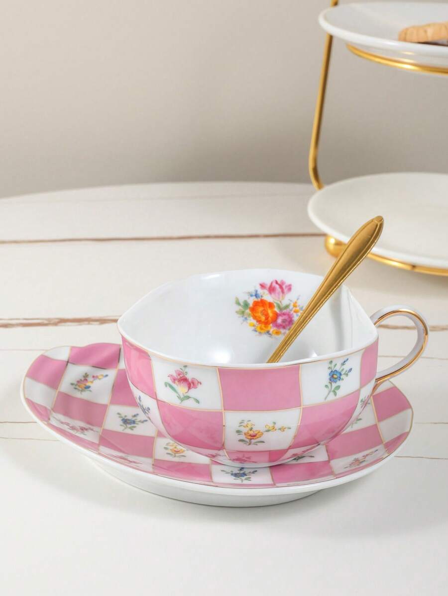 1pc Elegant Highly Attractive Ceramic Coffee Cup & Saucer Set, Plaid Pattern H-Cup & Saucer, Suitable For Club, Home, Cafe Use - WL-checkered Floral H Cup and Saucer - View 1